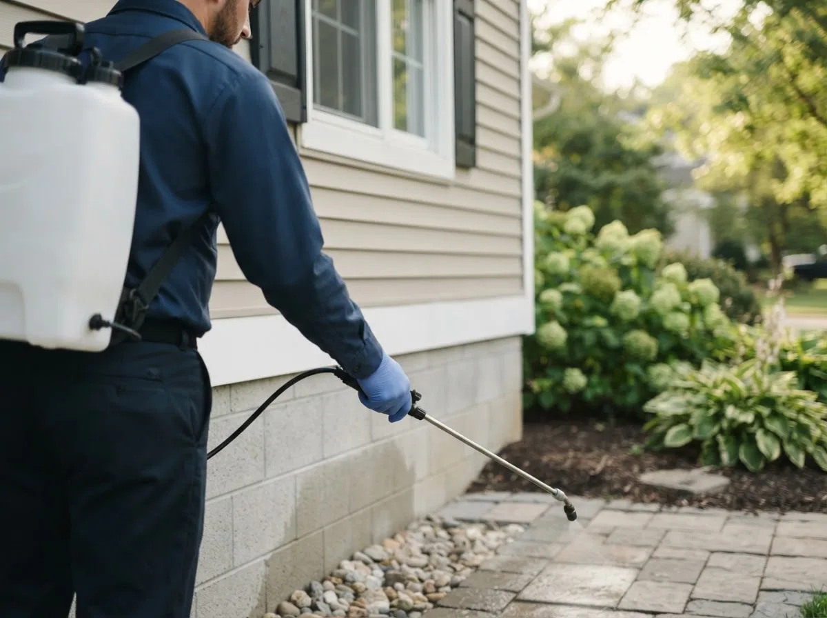 Pest control technician inspecting a home in Fayette, NY